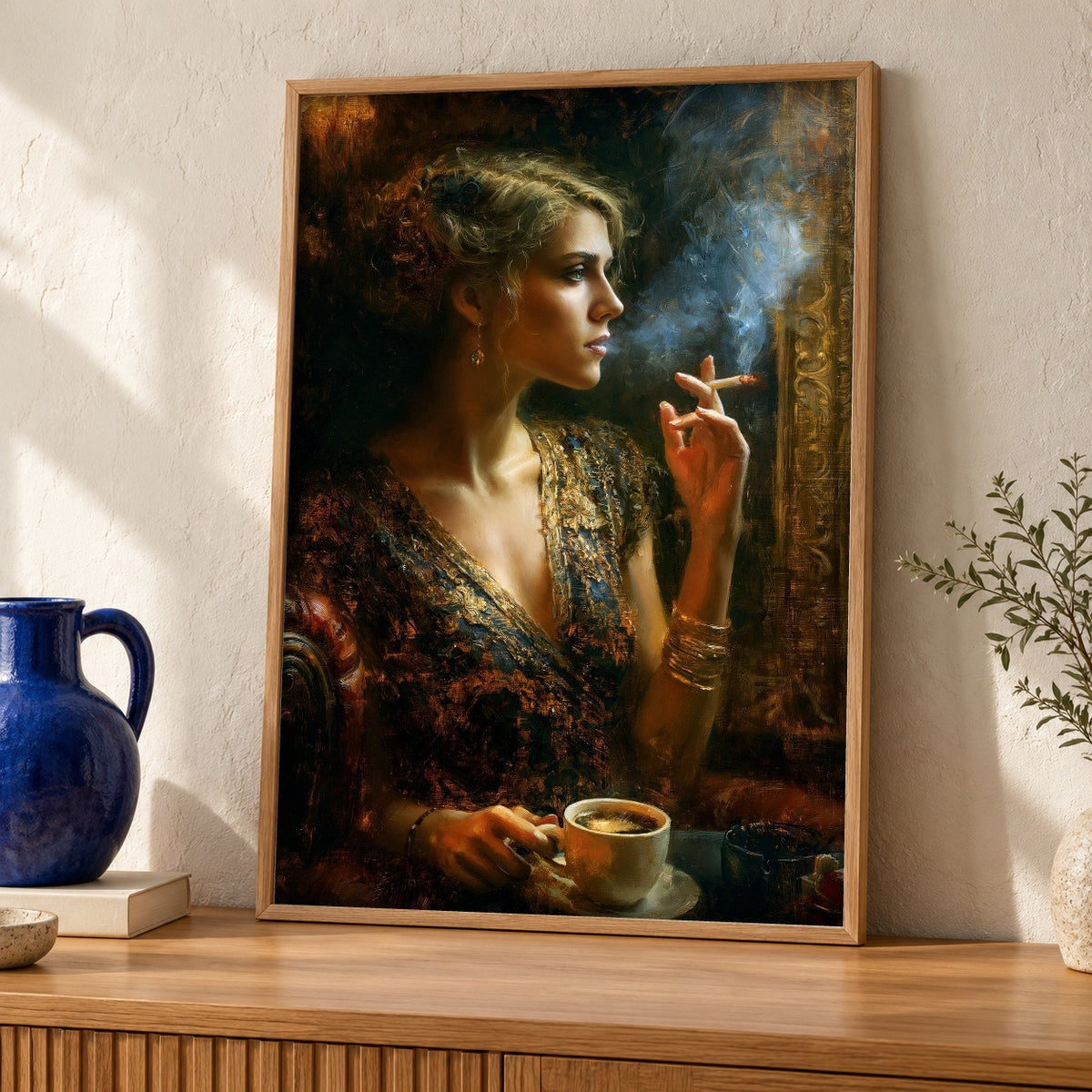 Dark Academia Art, Belle Ã‰poque Lady Print, Coffee Poster — oak frame room mockup