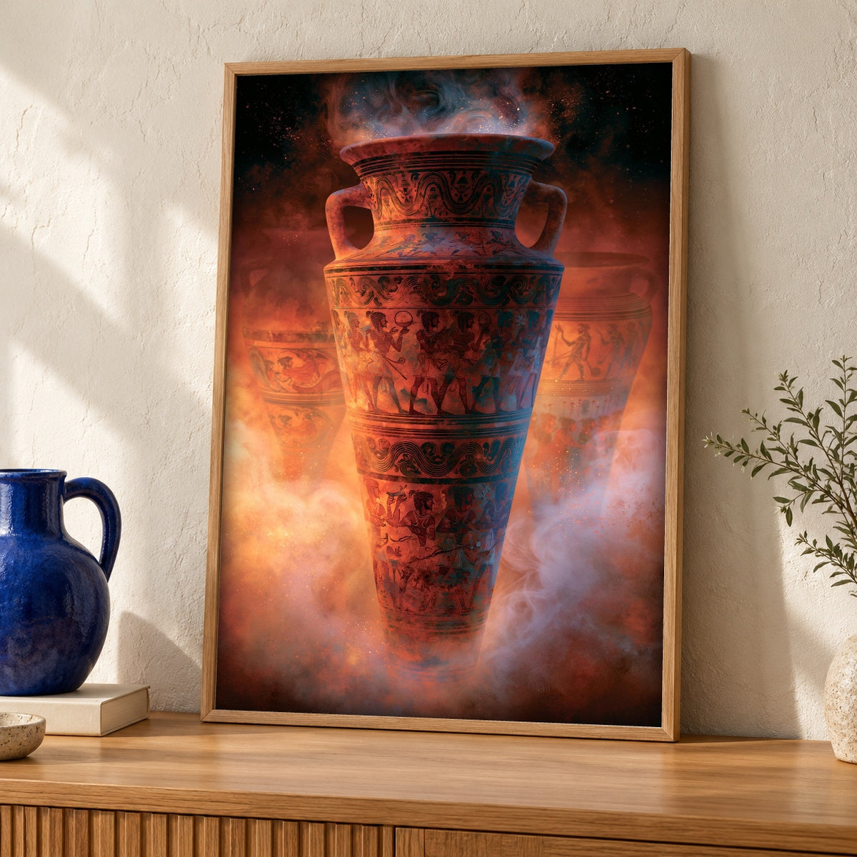 Ancient Greek Art, Black-Figure Amphora Vessel, Mythology Print — oak frame room mockup