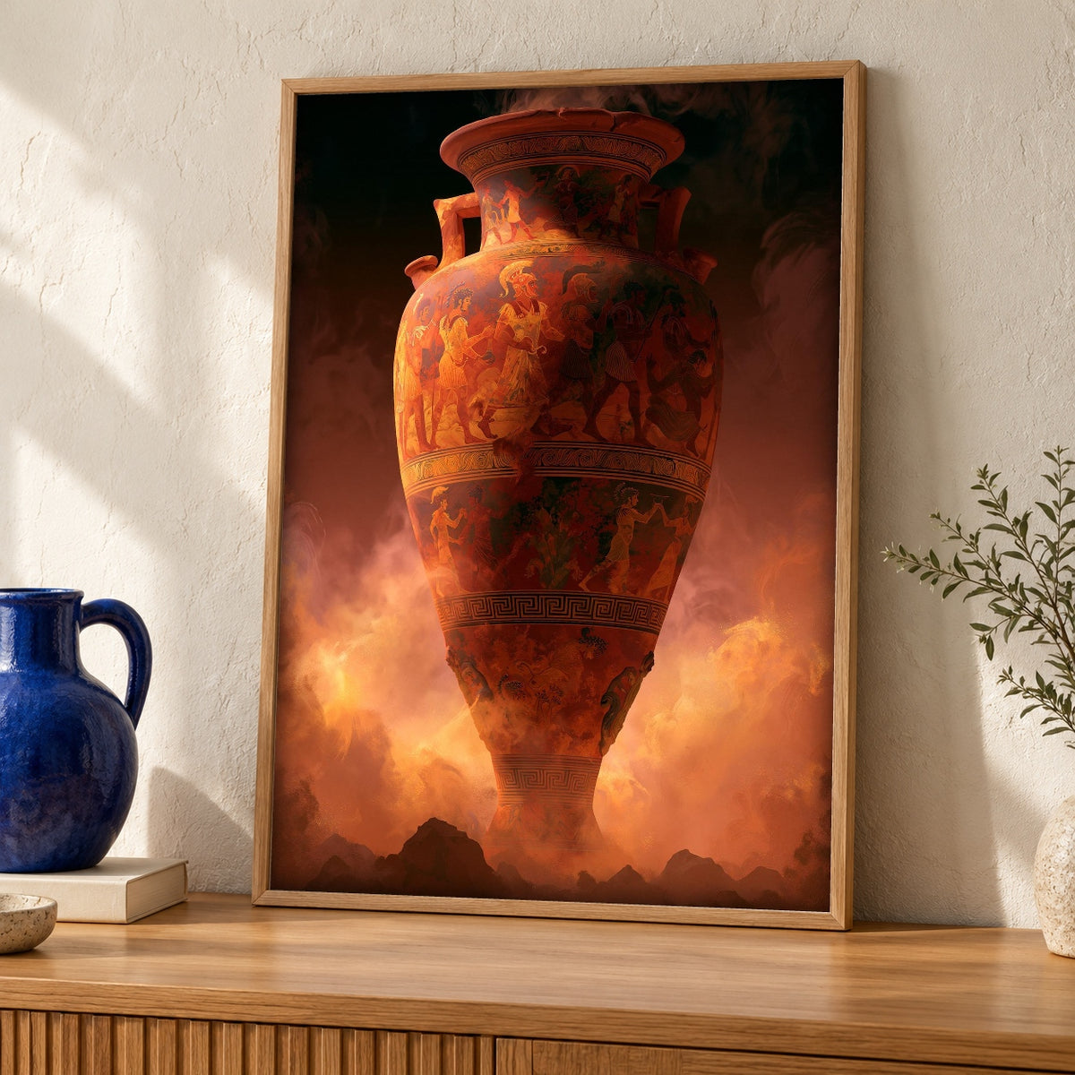 Ancient Greek Art, Mythology Vessel Print, Classical Amphora — oak frame room mockup