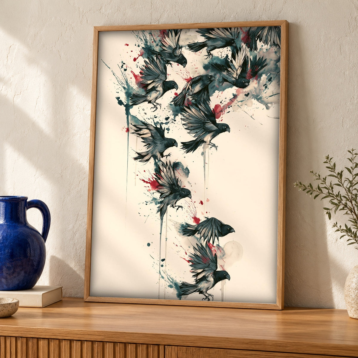 Dark Academia Art, Raven Flock Omen, Gothic Home Decor — oak frame room mockup