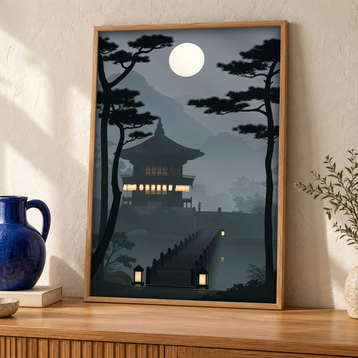 Asian Palace Art, Moonlit Pagoda Print, Japanese Decor
