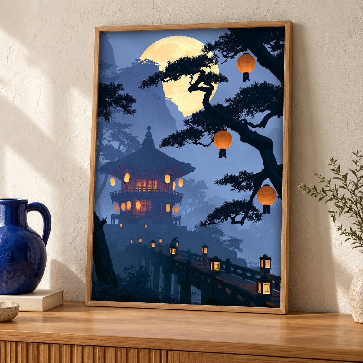Japanese Pagoda Art, Ancient Temple Night Print — oak frame room mockup