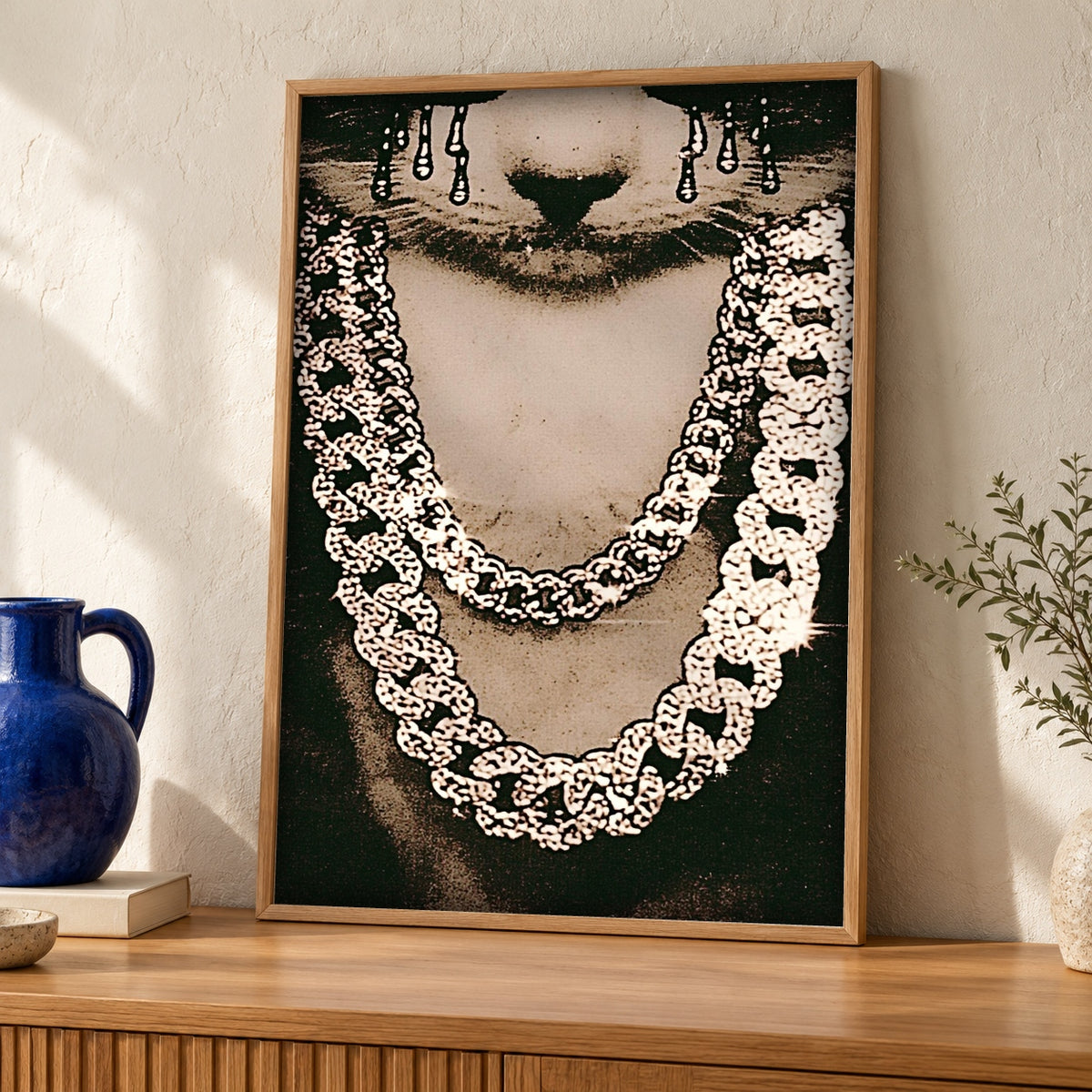 Hypebeast Decor, Street Style Chain Portrait, Masculine Wall Art — oak frame room mockup