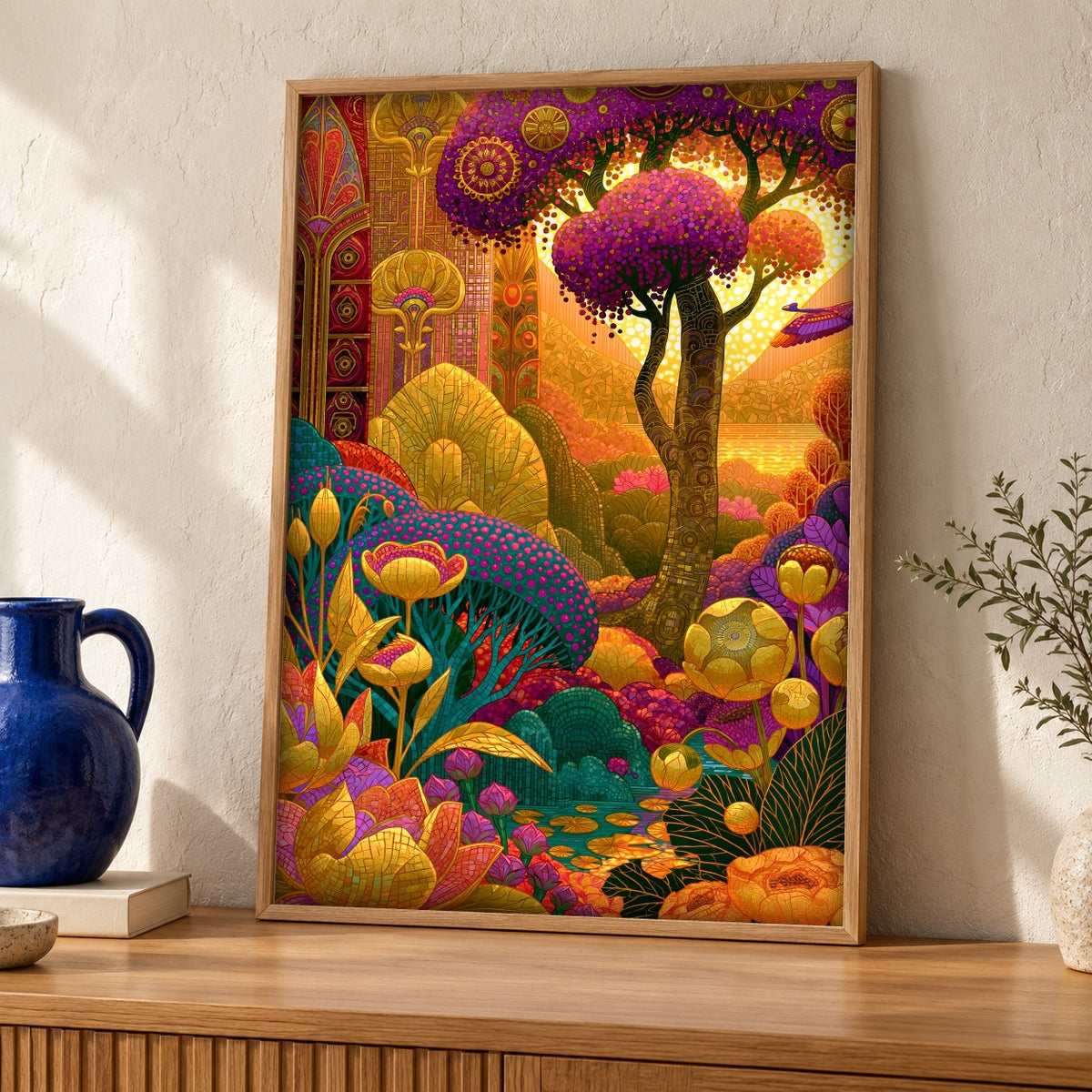 Fantasy Forest Art, Enchanted Garden Print, Vibrant Wall Art — oak frame room mockup