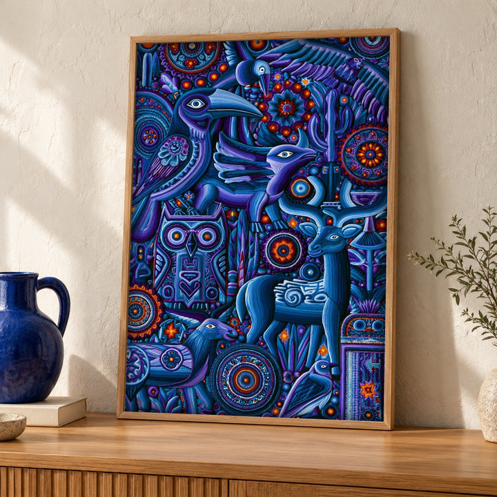 Mexican Folk Art, Sacred Deer Huichol Print, Vibrant Cultural Decor