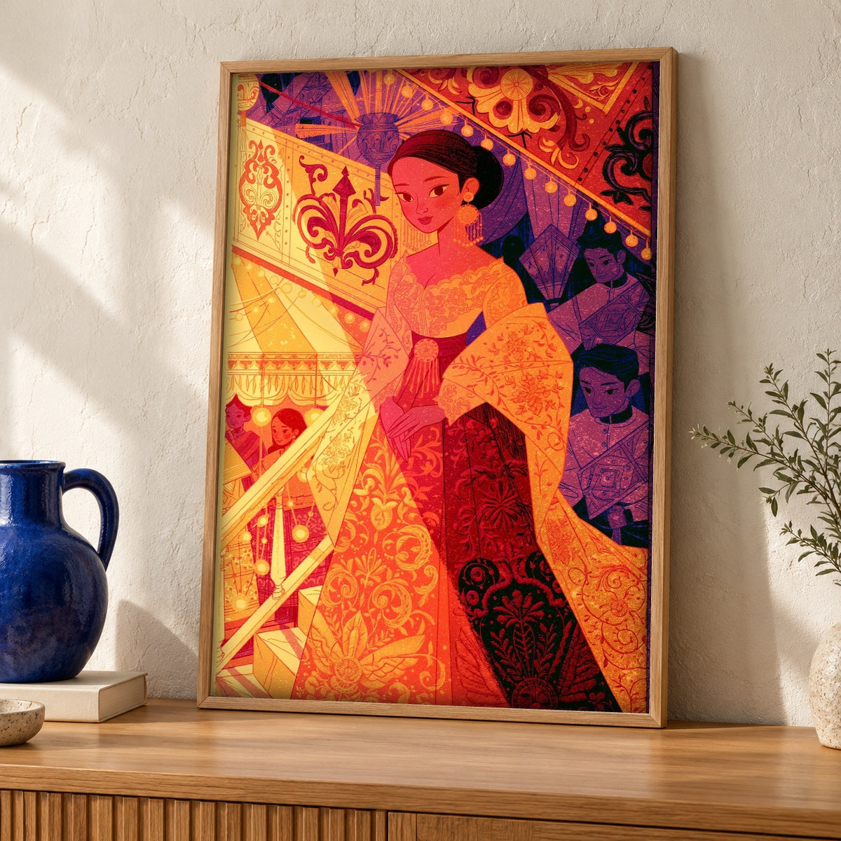 Filipiniana Wall Art, Philippine Colonial Noblewoman, Cultural Decor — oak frame room mockup
