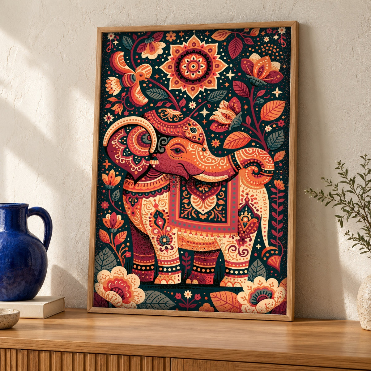 Indian Art, Mughal Ceremonial Elephant Print, Folk Decor — oak frame room mockup