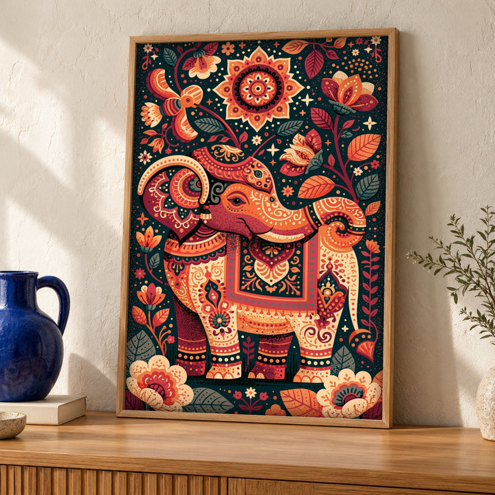 Indian Art, Mughal Ceremonial Elephant Print, Folk Decor