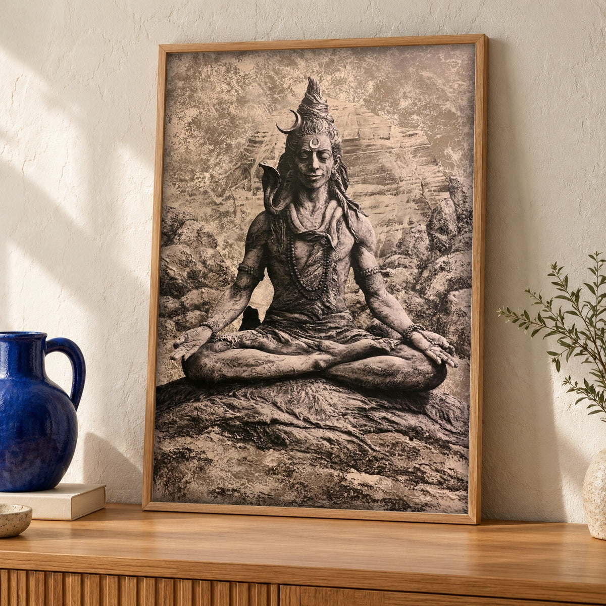 Hindu deity art, Lord Shiva Meditation Print, Indian Decor — oak frame room mockup