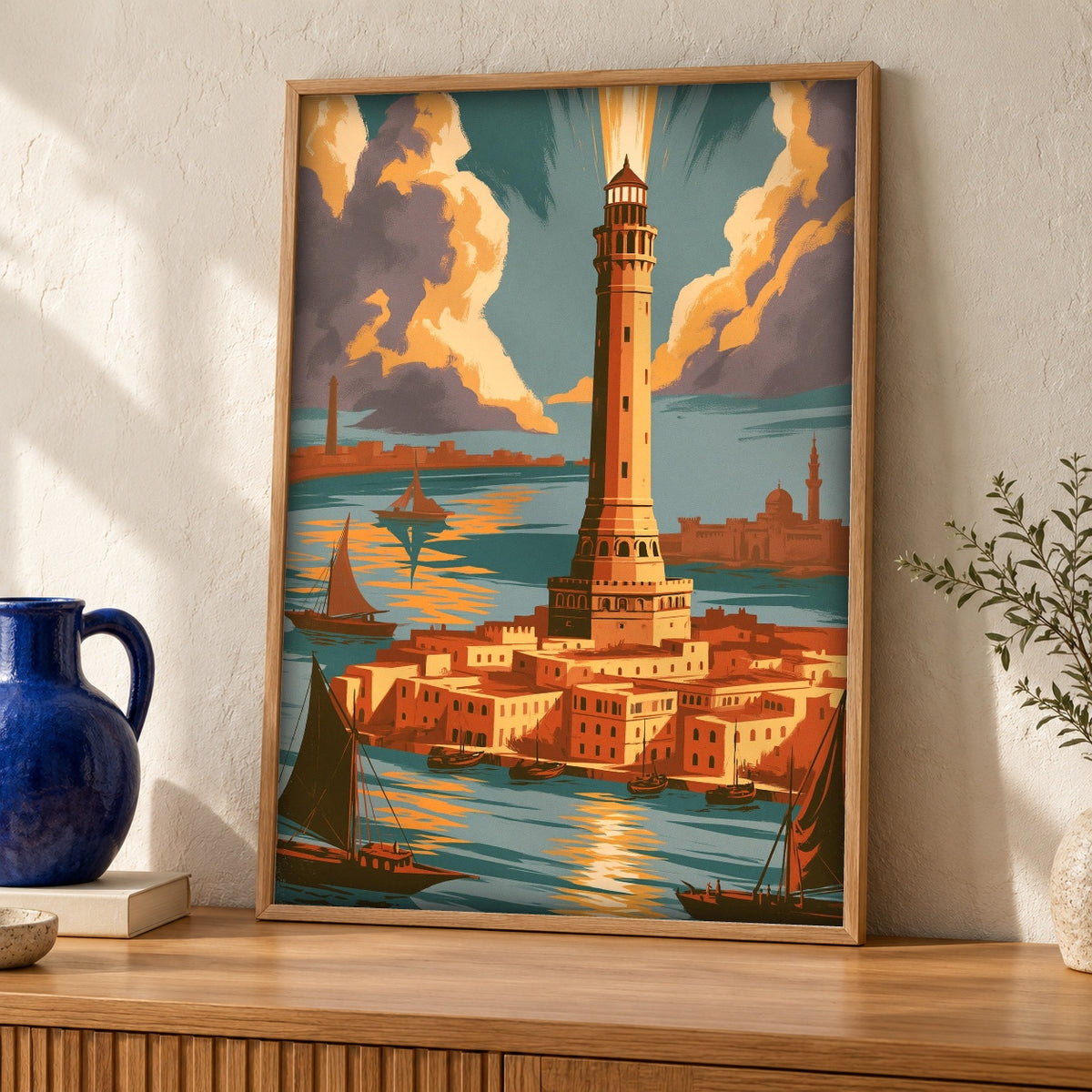Pharos of Alexandria, Ancient Wonder Lighthouse Print — oak frame room mockup