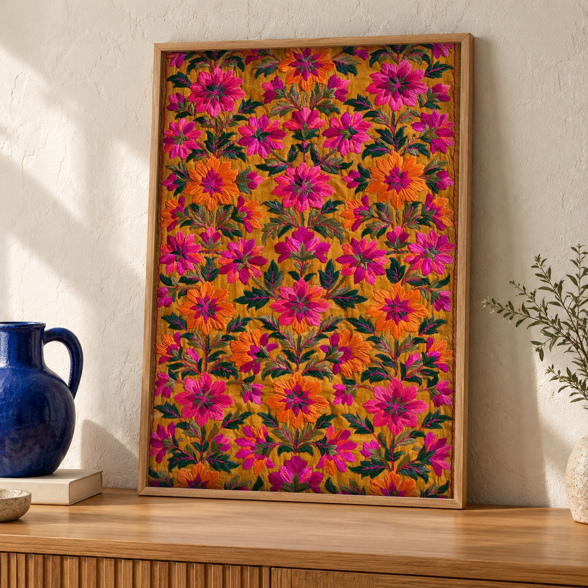 Indian Art, Mughal Empire Floral Embroidery Print, Folk Textile — oak frame room mockup