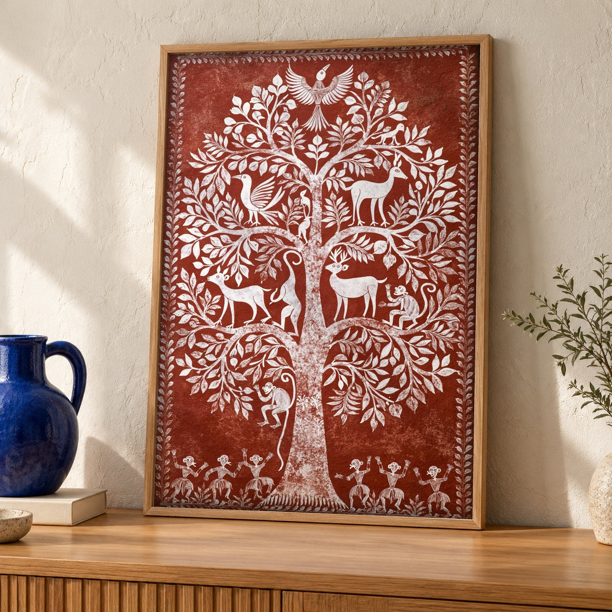 Indian Folk Art, Sacred Tree of Life, Nature Decor — oak frame room mockup