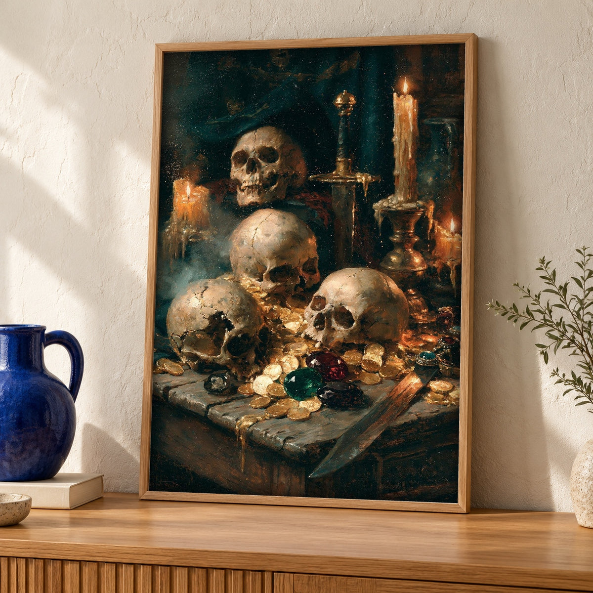 Dark Academia Art, Vanitas Skull, Gothic Home Decor — oak frame room mockup