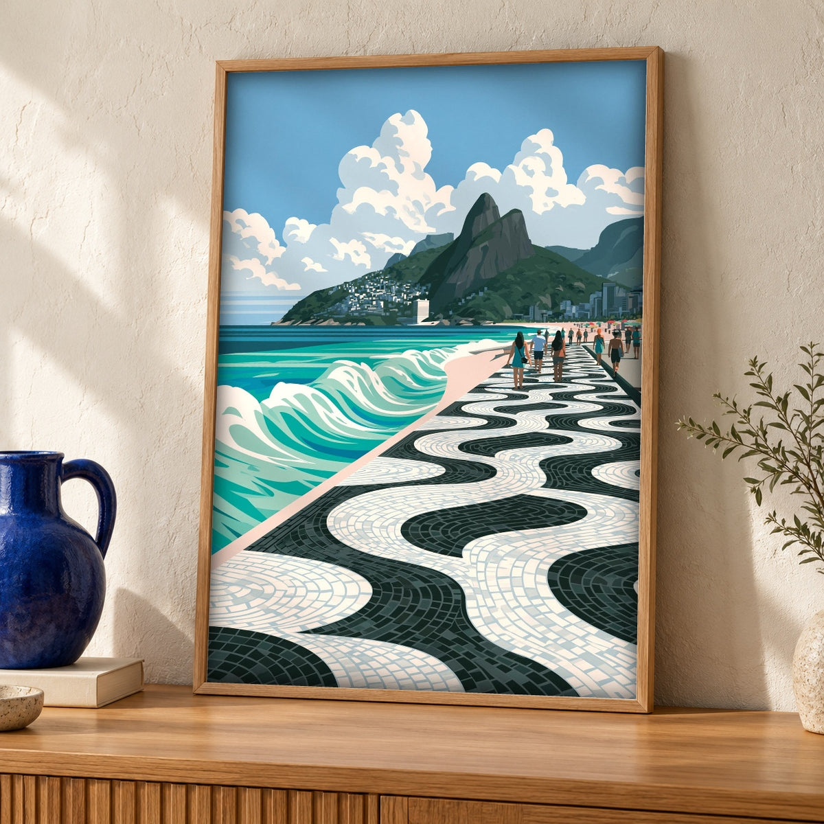 Rio de Janeiro Print, Ipanema Boardwalk Mosaic Poster — oak frame room mockup