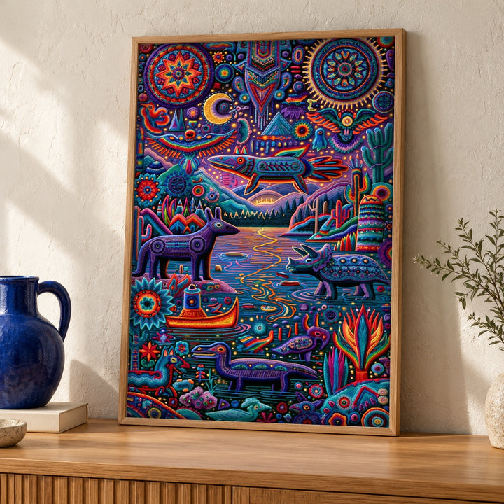 Mexican Folk Art, Huichol Sacred Yarn Painting, Cultural Decor