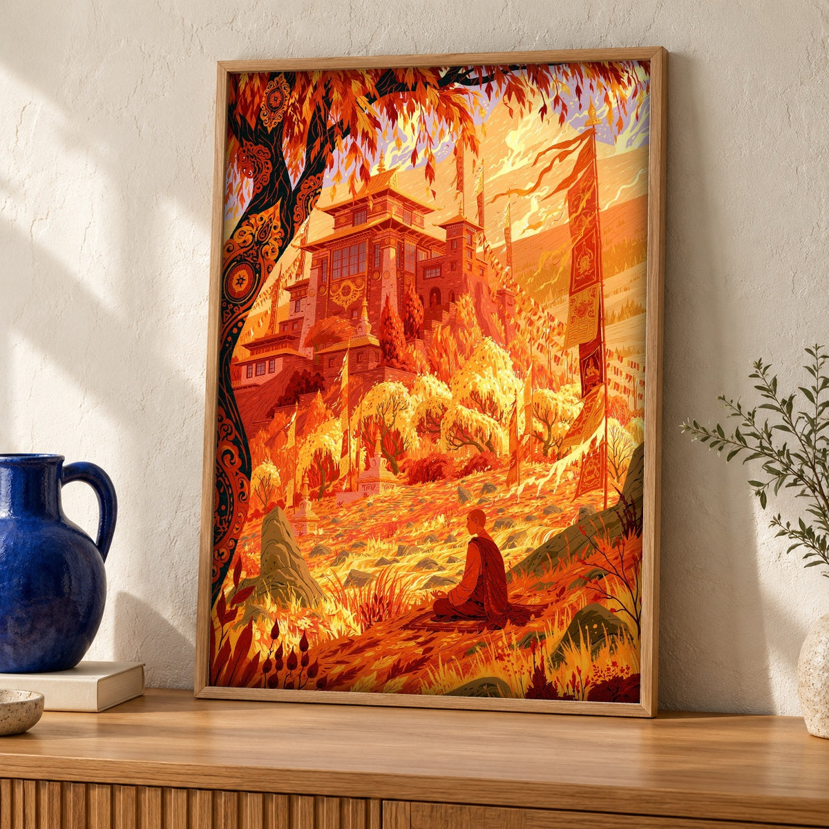 Buddhist Monastery Wall Art, Himalayan Monk Print — oak frame room mockup