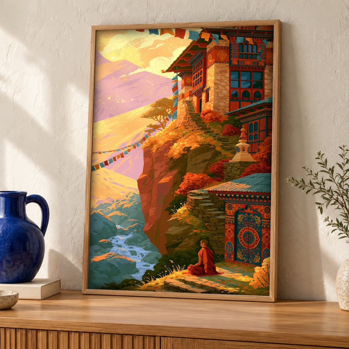 Buddhist Monastery Wall Art, Tibetan Monk Print — oak frame room mockup