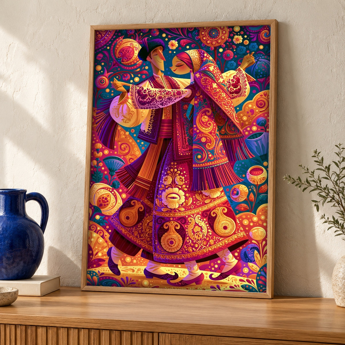 Folk Art, Traditional Dance Couple, Silk Road Costume Print — oak frame room mockup