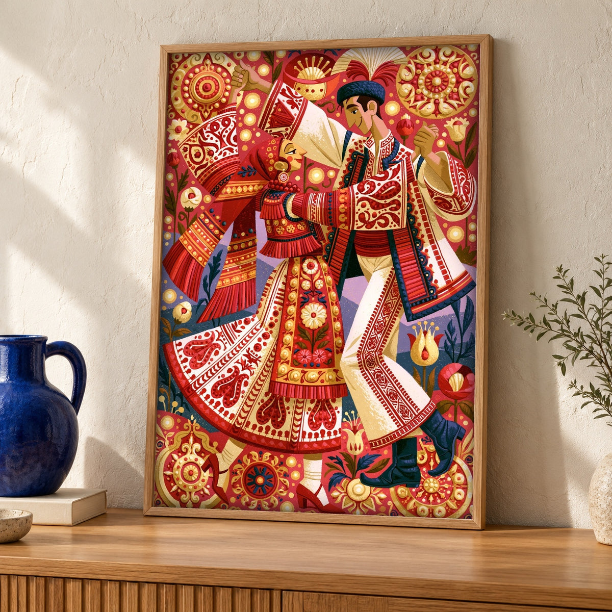 Folk Art Print, Ottoman Empire Dance, Vibrant Cultural Decor — oak frame room mockup