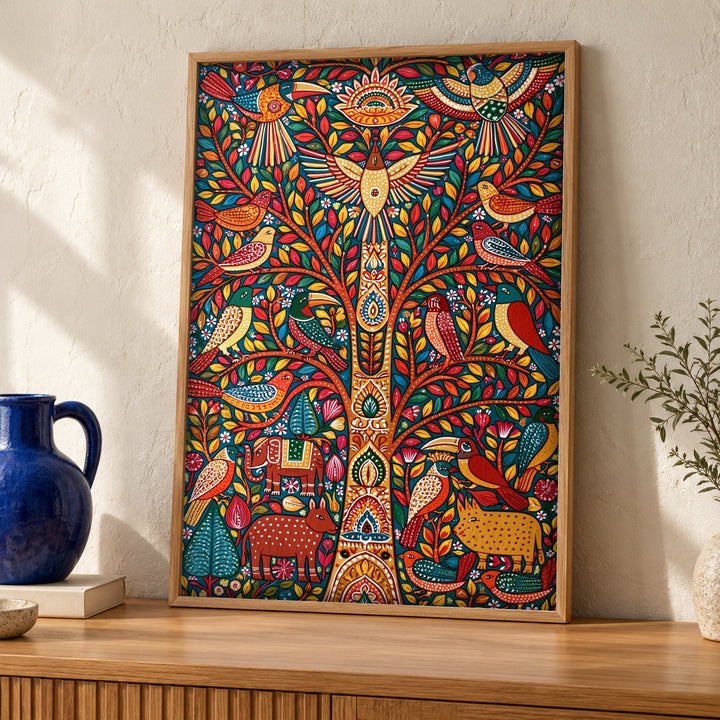 Indian Folk Art, Madhubani Tree of Life, Cultural Decor