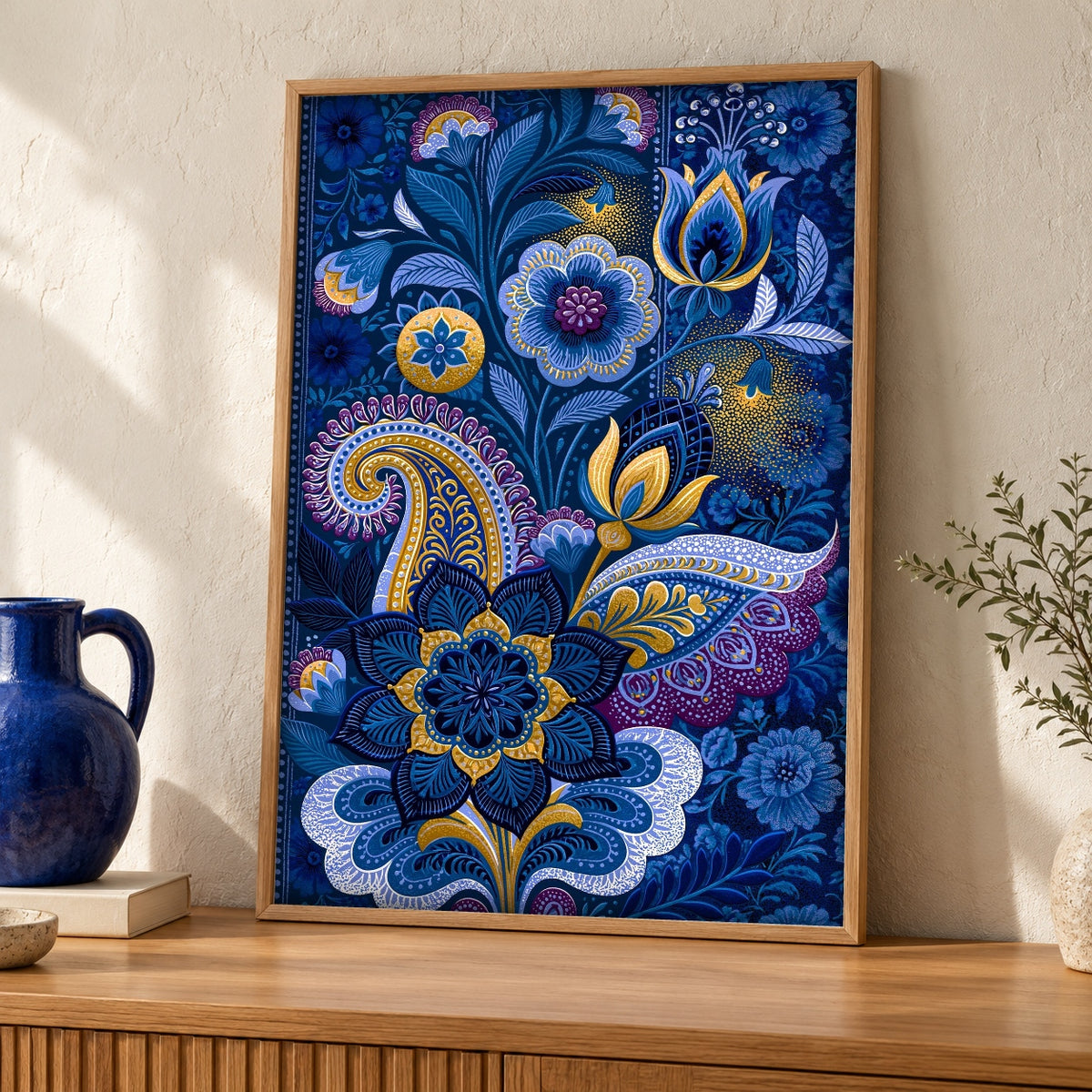 Mughal Floral Art, Indian Decor, Paisley Print — oak frame room mockup