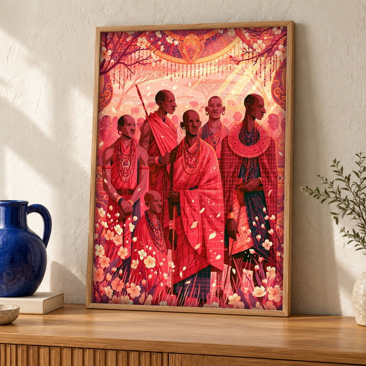 African Wall Art, Maasai Warriors Kenya Print, Cultural Decor — oak frame room mockup