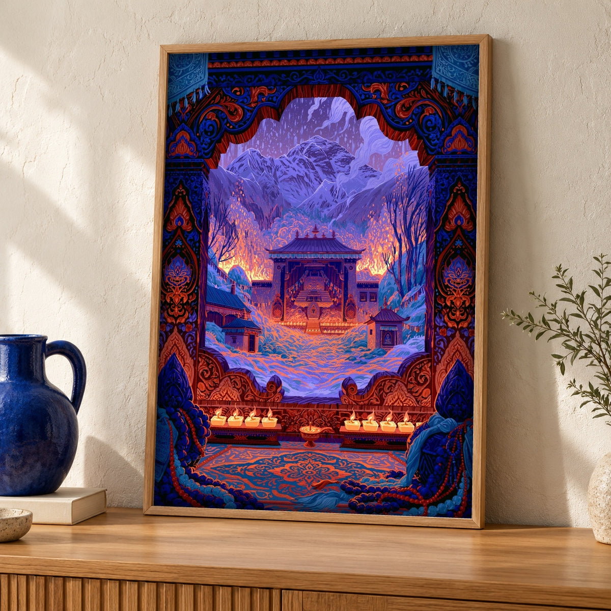 Spiritual Wall Art, Himalayan Temple, Buddhist Sacred Shrine — oak frame room mockup