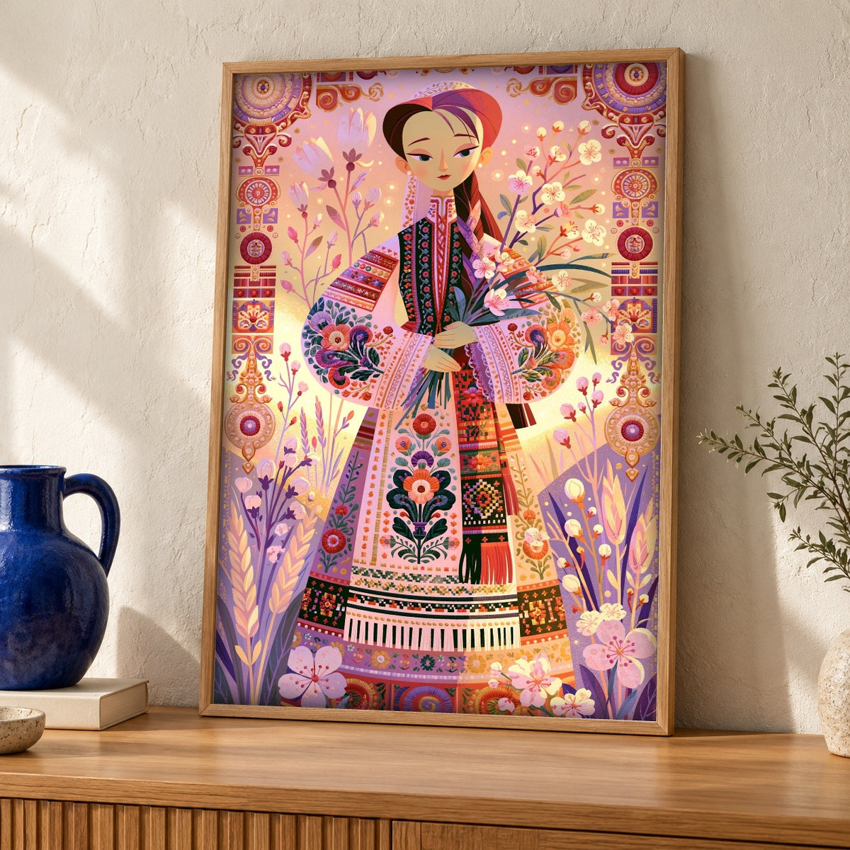 Slavic Wall Art, Ukrainian Folk Costume, Cultural Decor — oak frame room mockup
