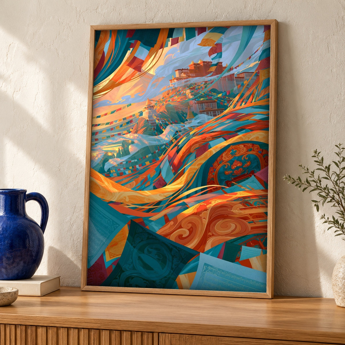 Tibetan Wall Art, Potala Palace Buddhist Print, Meditation Gift — oak frame room mockup