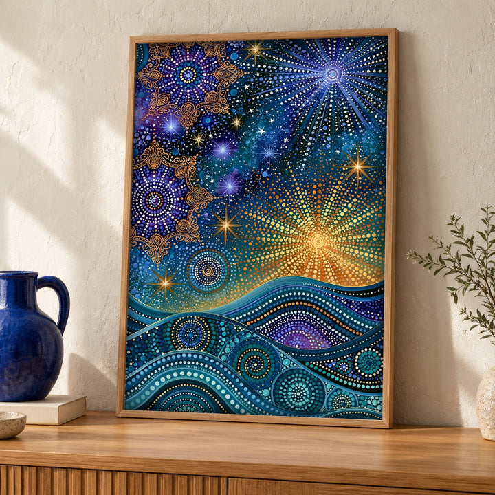 Celestial Star Map, Ancient Night Sky Folk Art, Vibrant Cultural Decor