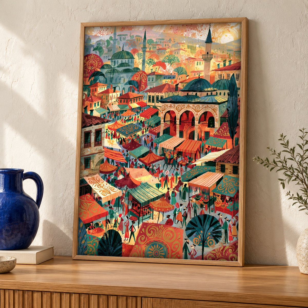 Ottoman Bazaar Art, Islamic Market Print, Mosque Decor — oak frame room mockup