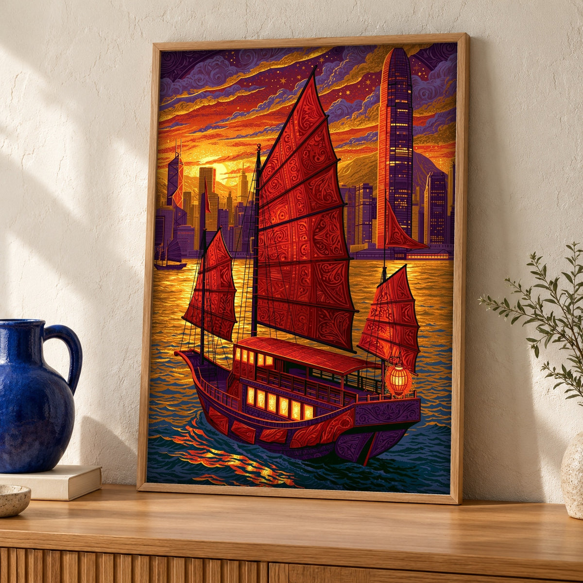 Hong Kong Junk Ship Art, Victoria Harbour Print — oak frame room mockup