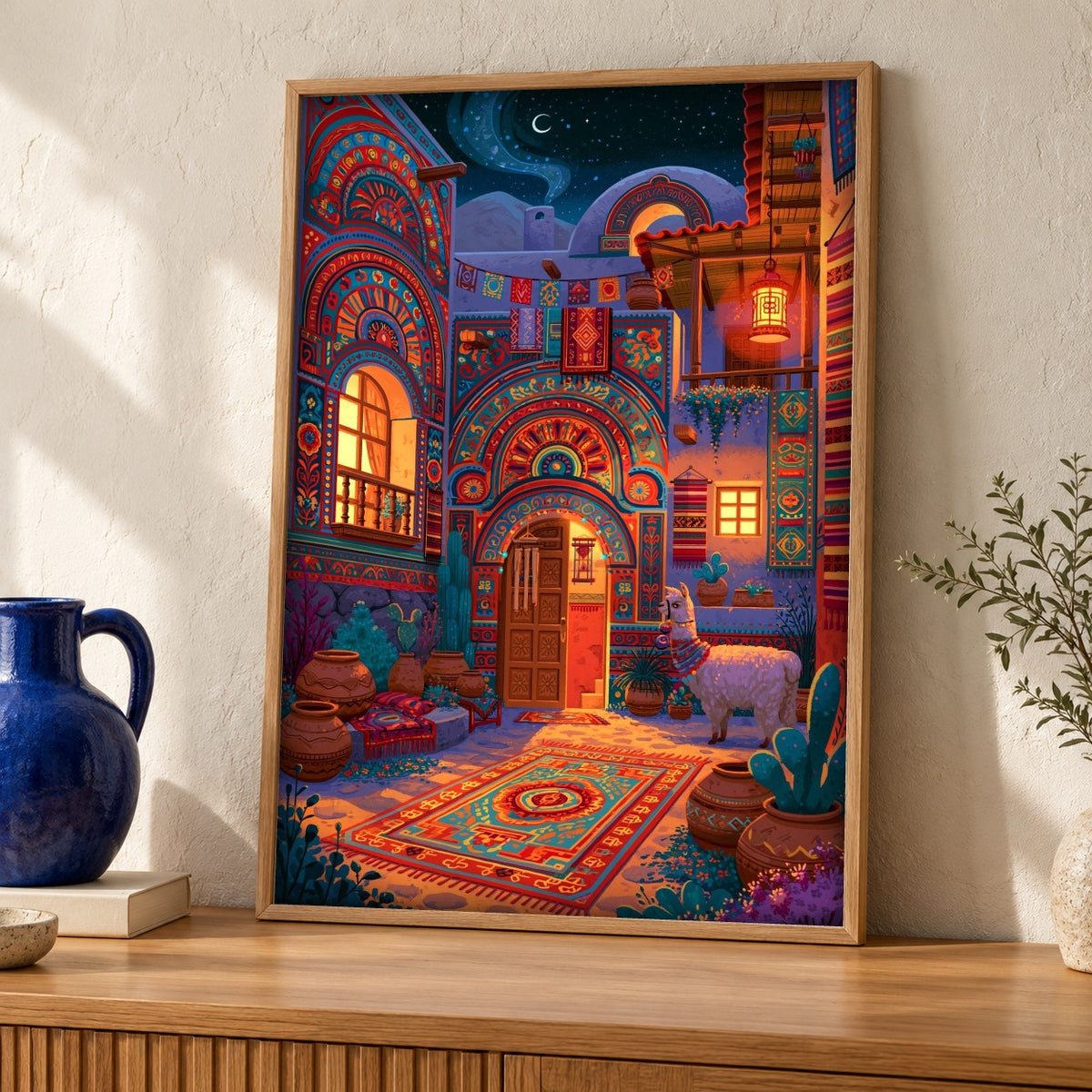 Mexican Folk Art, Andean Courtyard Llama, Vibrant Cultural Decor — oak frame room mockup