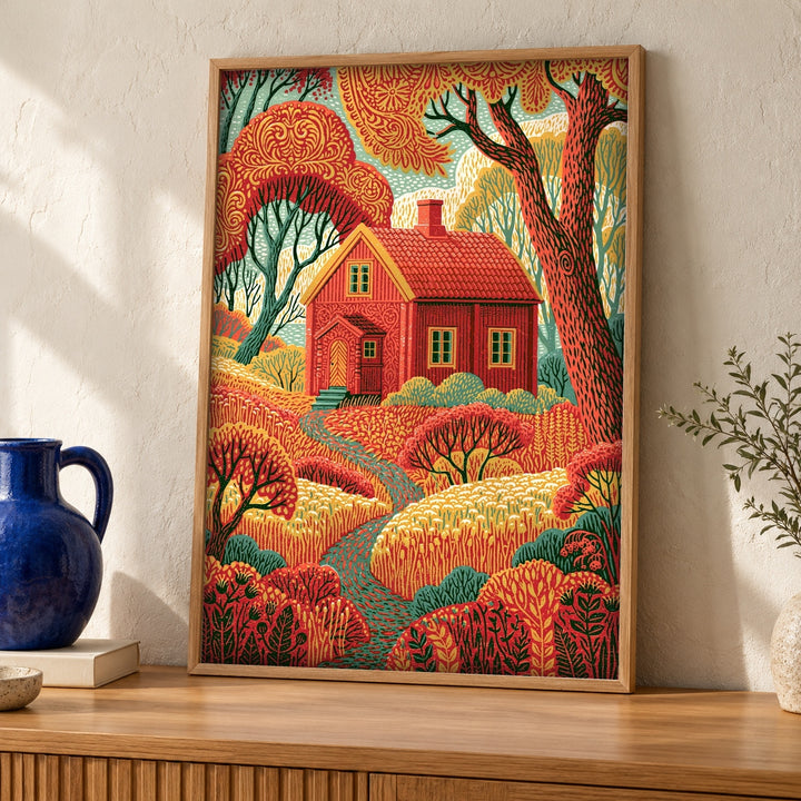 Nordic Folk Art, Swedish Cottage Print, Enchanted Forest Wall