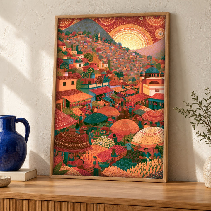 Mexican Folk Art, Mesoamerican Market Scene Print, Vibrant Cultural Decor