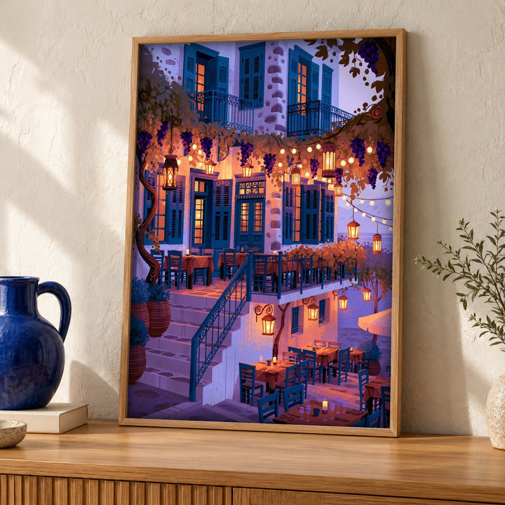 Ancient Greek Art, Aegean Taverna Evening Scene, Travel Print
