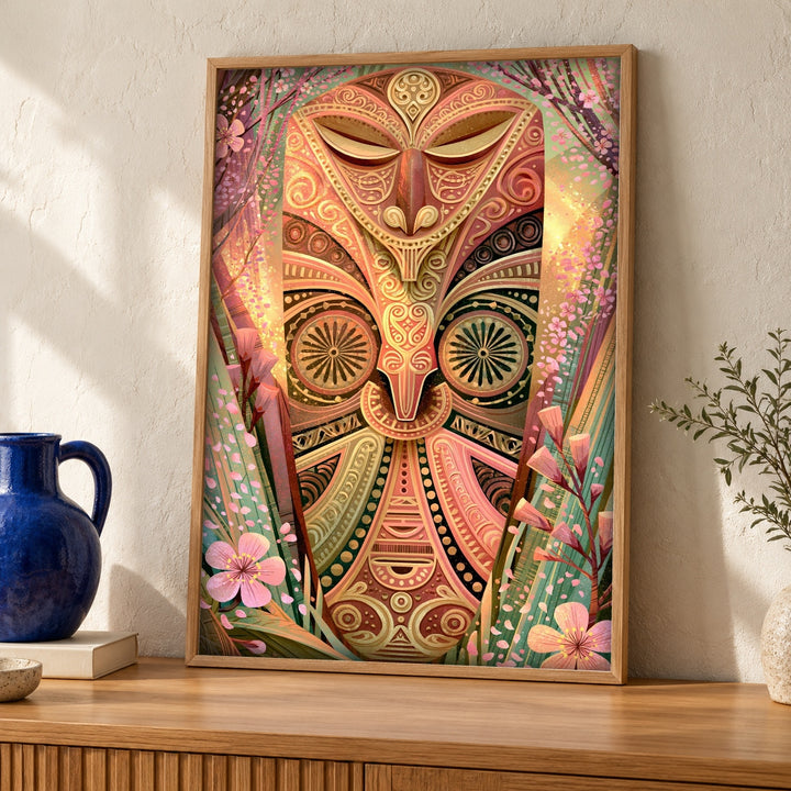 Maori Wall Art, Ancestral Tiki Mask Print, Folk Decor