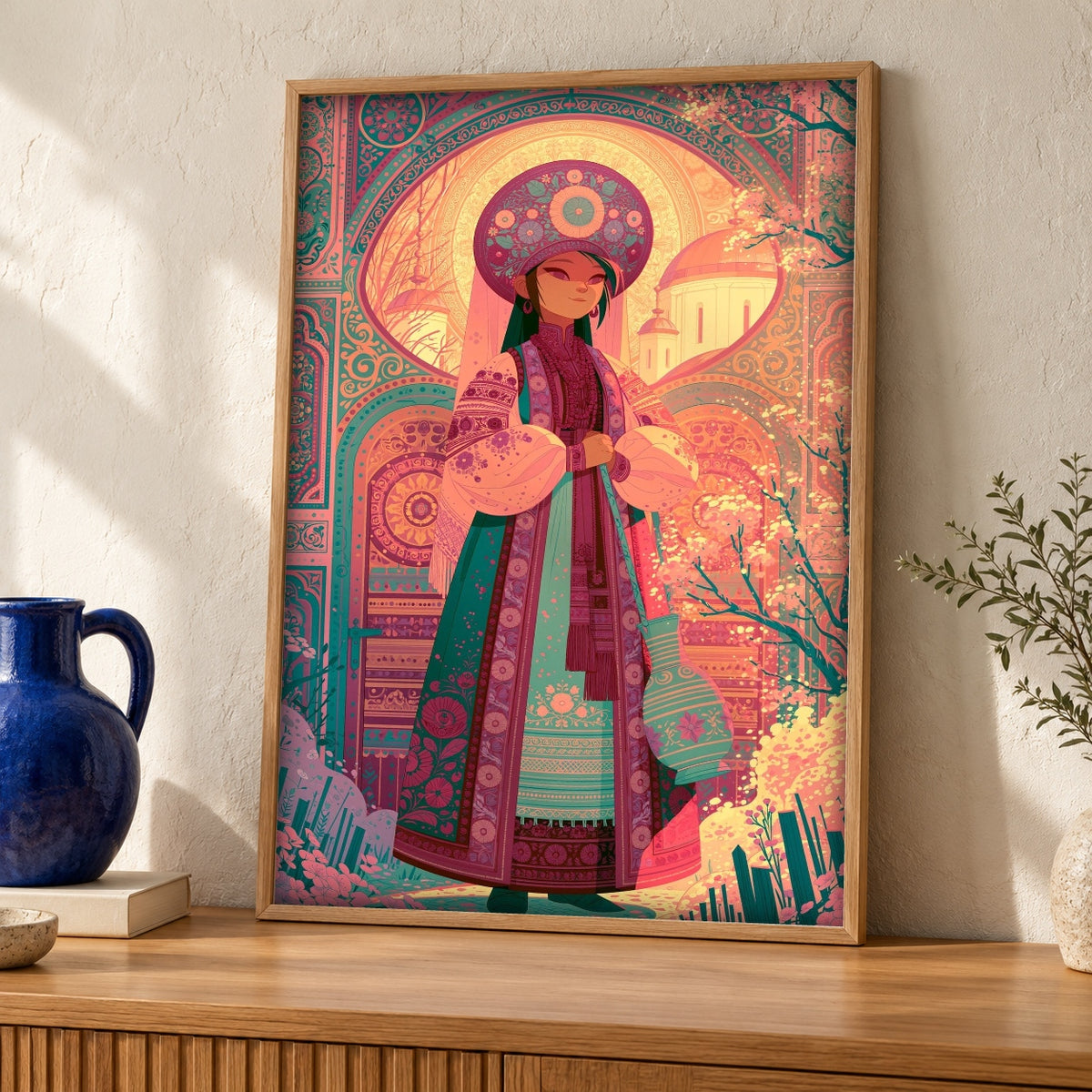 Slavic Wall Art, Russian Empress Kokoshnik, Orthodox Christian Print — oak frame room mockup