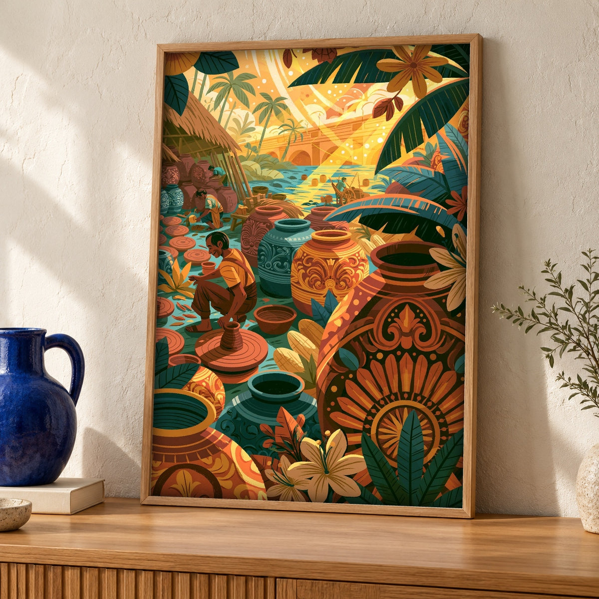 Folk Art, Ancient Khmer Pottery Print, Southeast Asian Craft — oak frame room mockup