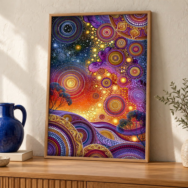 Aboriginal Dot Art, Dreamtime Songlines, Night Sky, Cultural Decor
