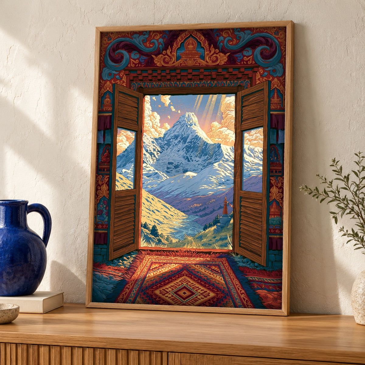 Himalayan Wall Art, Sacred Buddhist Mountain Print — oak frame room mockup