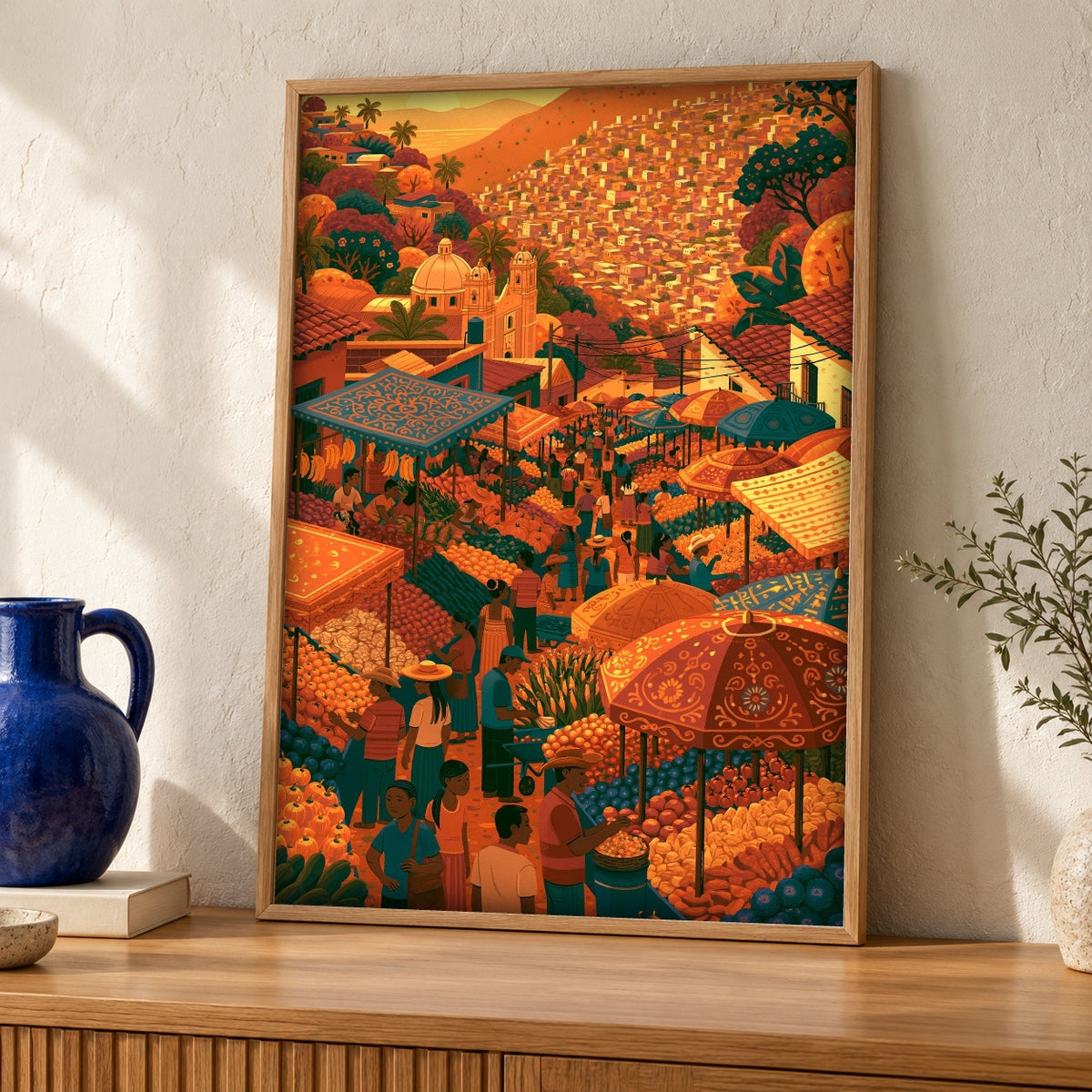 Mexican Folk Art, Colonial Mercado Scene, Vibrant Wall Decor — oak frame room mockup