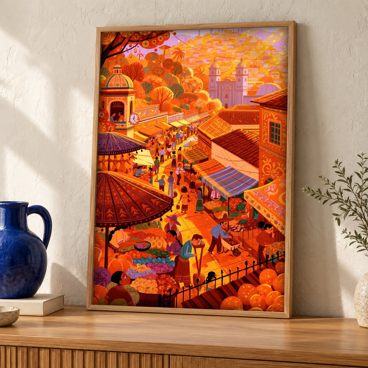 Mexican Folk Art, Colonial Mercado Print, Cultural Decor — oak frame room mockup