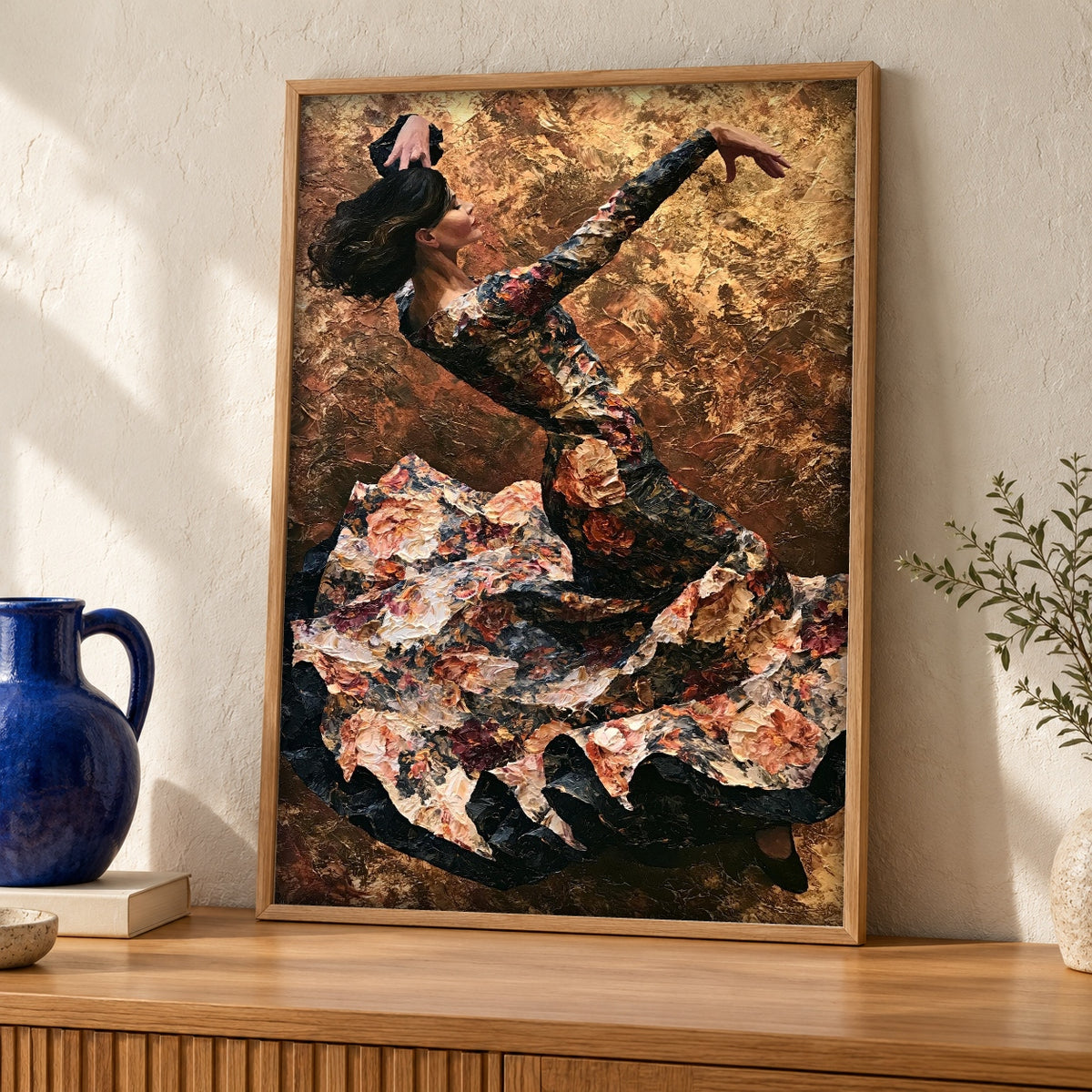 Flamenco Dancer Art, Spanish Folk Print — oak frame room mockup