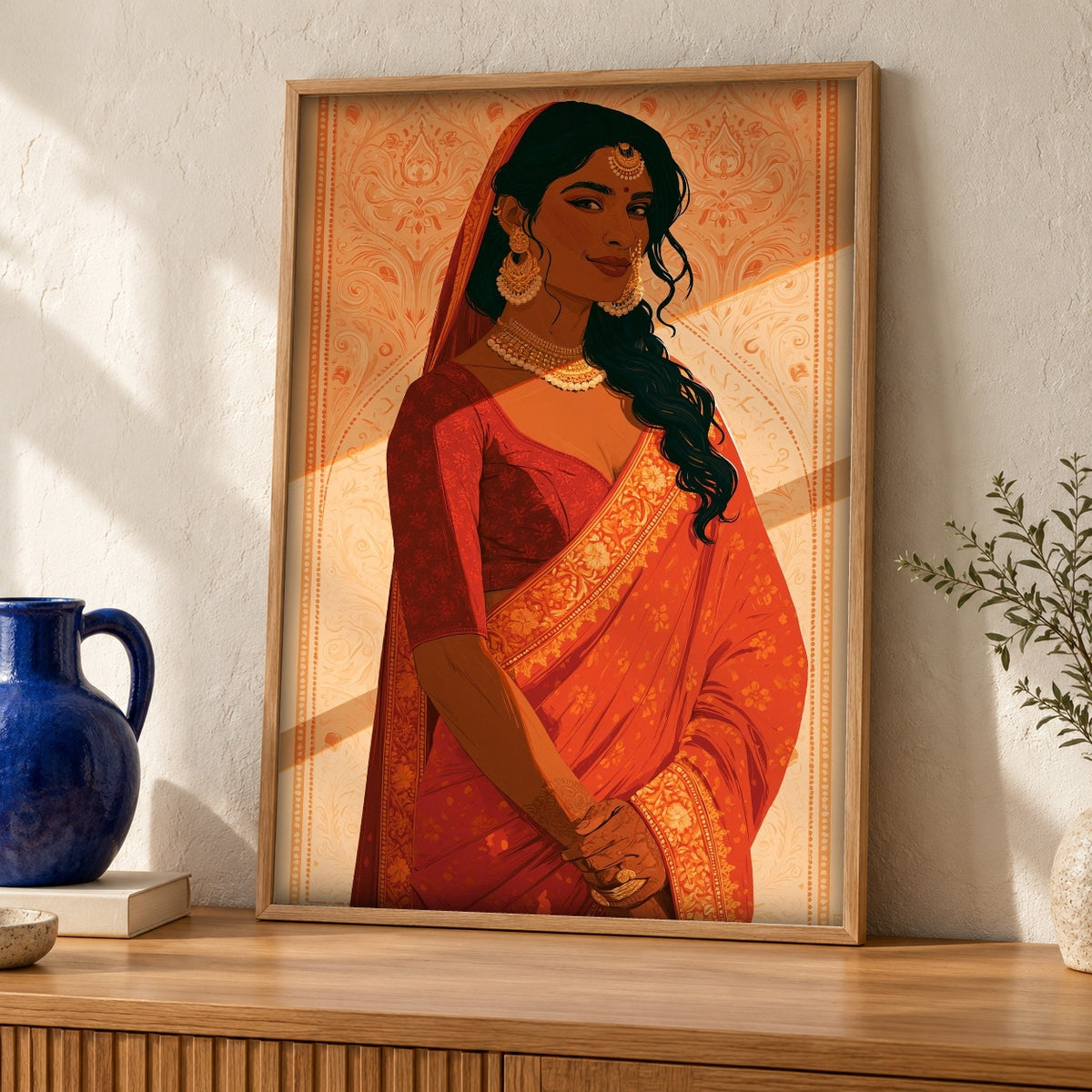 Indian Art Print, Mughal Bride Portrait, Cultural Decor — oak frame room mockup