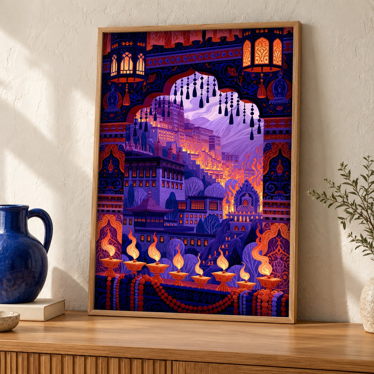 Indian Art, Mughal Palace Diwali Lanterns, Cultural Decor — oak frame room mockup