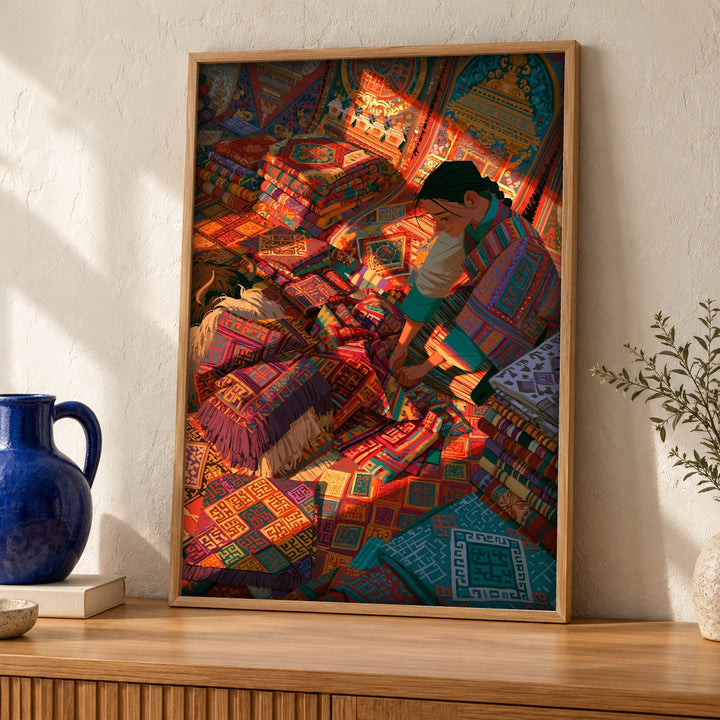 Folk Art, Silk Road Textile Market Print, Himalayan Decor