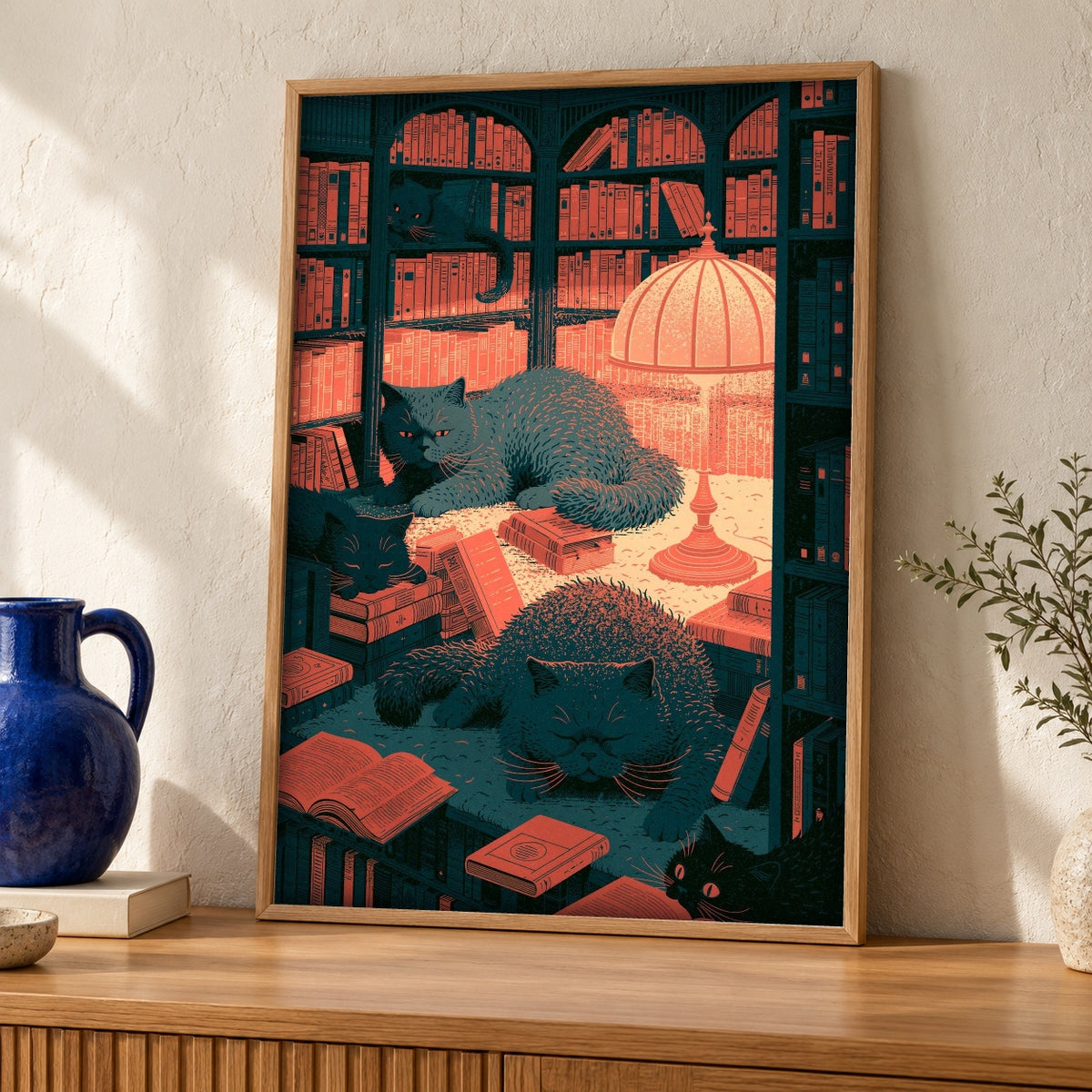 Black Cat Wall Art, Moody Library Print, Gothic Home Decor — oak frame room mockup