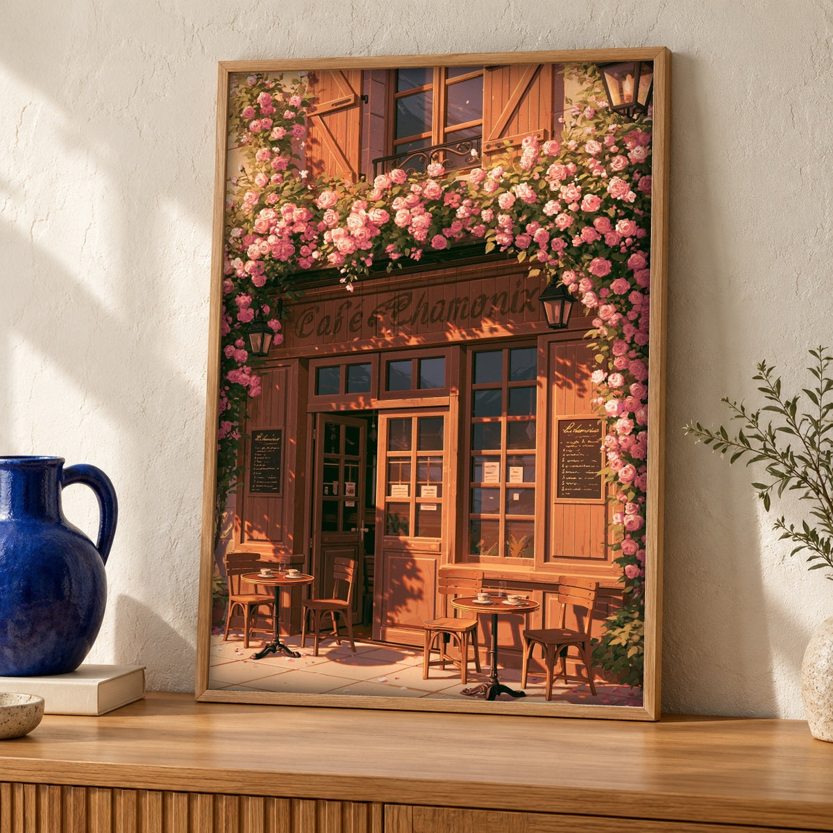 Paris Wall Art, French CafÃ© Print, Chamonix Bistro Poster — oak frame room mockup