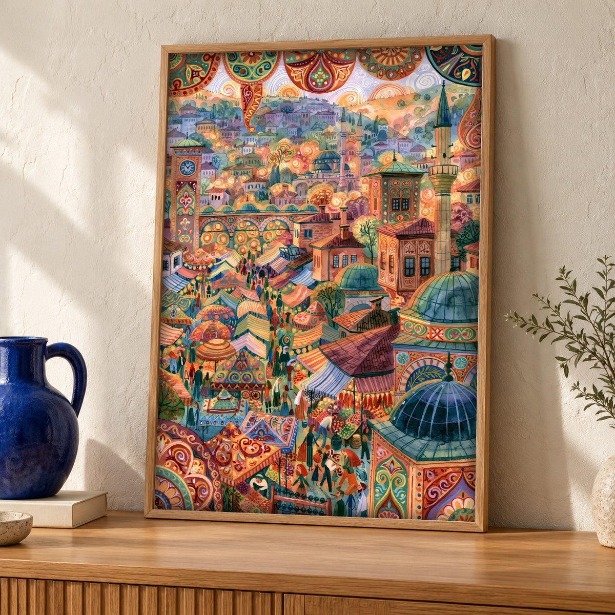 Ottoman Empire City Art, Islamic Decor, Bazaar Market Print — oak frame room mockup